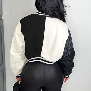 Premium Women's Cropped Varsity <b>Jacket</b> Customizable <b>White</b> Black Cotton Design Manufacturer's Finished Product Breathable Feature - Product Image 2