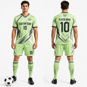 ชุดยูนิฟอร์มฟุตบอลขายส่ง เสื้อ กางเกง ถุงเท้า ชุดเซ็ต แบบซับลิเมชั่น ปัก พิมพ์ลาย โลโก้สั่งทำ ชื่อผู้เล่น เบอร์ผู้เล่น คอกลม แขนเสื้อแบบแร็กแลน - Product Image 1
