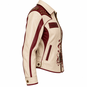 Chaqueta de Cuero Roja y Blanco Hueso Personalizada para Mujer con Estampado de Calavera y Rosas, Estilo Biker, Proveedor de Servicios OEM ODM - Product Image 3
