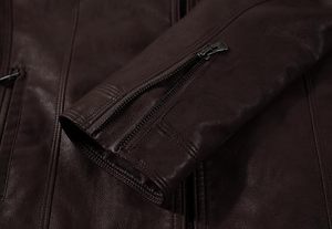 Veste en cuir PU marron pour homme, style motard, fermeture éclair, col montant, coupe régulière, design slim, vêtement d'automne - Product Image 4