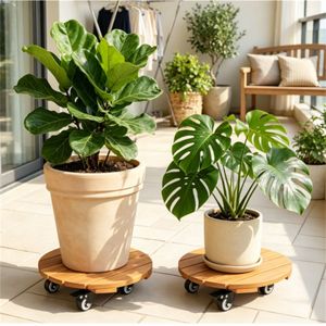 Supporti Classici in Legno Naturale per Vasi (Set da 4) con 4 Ruote, Robusti Carrelli per Piante da Giardino e Patio - Product Image 6