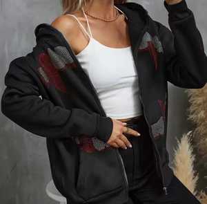 Sweat-shirt à capuche zippé pour femme, coupe oversize, motif dents en strass, style streetwear, en coton tricoté, pour l'automne - Product Image 2