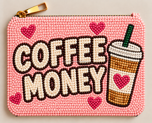 Pink Coffee Money Beaded Coin Purse with Iced Coffee Cup Motif Seed Bead Zipper Pouch Handmade Novelty Gift Wholesale - Product Image 1