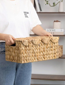 Practical Scalloped Edge Natural Water Hyacinth <b>Basket</b> with Lid Wicker Storage <b>Basket</b> <b>for</b> <b>Shelves</b>, Nursery Room - Product Image 2