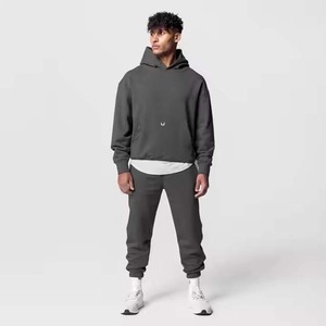 Boxy Fit Hoodie Set Heavyweight Crop Tracksuit Charcoal <b>Grey</b> Sweatsuit Custom Logo Streetwear Blank Heavy <b>Fleece</b> Hoodie - Product Image 3