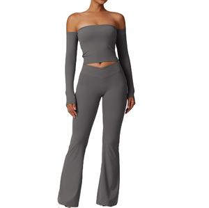 Conjuntos de Yoga para mujer 2025, ropa activa, Top de manga larga, parte inferior acampanada, patrón sólido, botón corto, levantamiento de glúteos, conjuntos de Fitness para gimnasio - Product Image 3