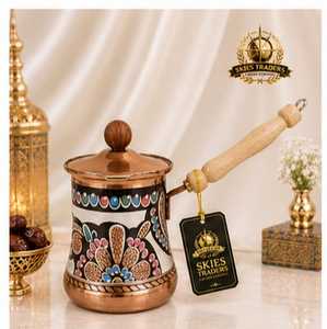 Cafetière turque peinte à la main avec couvercle et poignée en bois, motif floral, en cuivre, Cezve Ibrik, pour cuisinière - Product Image 1