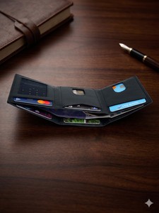 WRIZA <b>Mens</b> Genuine Leather Slim Trifold <b>Wallet</b> | RFID Blocking 6 Card Slot <b>Wallet</b> with Coin Pocket <b>for</b> Bank Card Money <b>Black</b> - Product Image 2