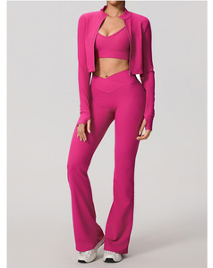 Ensemble de yoga 3 pièces personnalisé pour femme automne-hiver : veste zippée, soutien-gorge de sport et pantalon évasé à taille croisée en V – Tenue de sport et fitness - Product Image 2