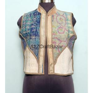 100% Cotton <b>Kantha</b> Waistcoat for Women Handmade Unique Spring Winter Sleeveless Vest with Patchwork Logo Design - Product Image 1