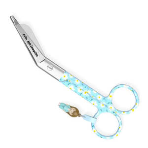 Tijeras Manuales de Acero Inoxidable para Vendajes Tipo Pico de Pato, Diseño Margaritas sobre Fondo Azul, para Cortes Rápidos y Precisos, Uso Hospitalario - Product Image 2