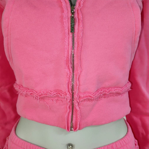 Sudadera con capucha rosa para mujer, de manga larga, con cremallera, personalizada, desgastada, ecológica, estilo hip hop, con hombros caídos, de algodón - Product Image 2