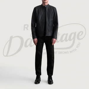 Chaqueta de Cuero Genuino Negra Premium para Hombre, Cuello Alto Minimalista, Corte Ajustado, Estilo Motero, Abrigo Casual - Product Image 3