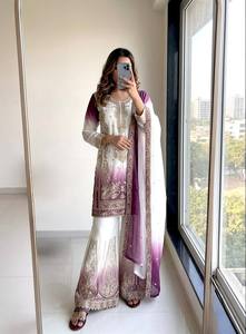 Launching Heavy Dual Tone Star Georgette With Embroidery Work With Jarkhan Diamond Work <b>Top</b> Plazzo & Dupatta Set - Product Image 3