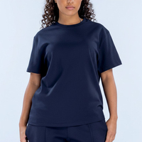 T-shirt en jersey tricoté bleu marine à col rond et manches courtes pour femme, coupe droite, couleur unie, style streetwear, épaules tombantes, vente en gros