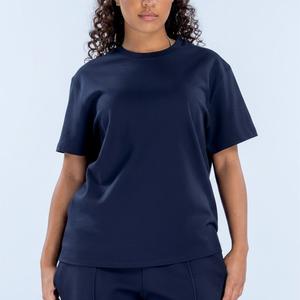 Camiseta de manga corta azul marino para mujer al por mayor, cuello redondo, ajuste regular, color liso, tejido de punto casual, hombro caído, transpirable - Product Image 1