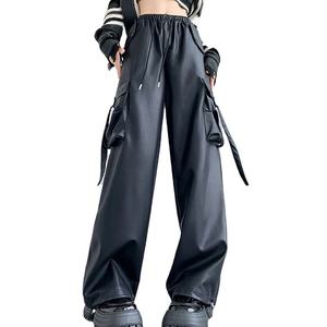 Plus Size Women's High Waist PU Coated Breathable <b>Cargo</b> <b>Pants</b> Solid Color Loose Fit Full Length Autumn Streetwear Style XL - Product Image 1
