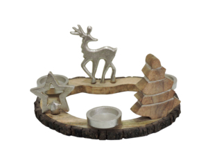 Portavelas Decorativo de Reno Plateado y Árbol de Madera con Base de Madera con Borde Natural, Centro de Mesa Navideño - Product Image 1