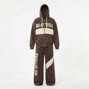 Ensemble de survêtement à capuche pour homme, marron crème, imprimé lettres, fermeture éclair intégrale, coupe ample, style décontracté, 100 % coton, collection automne - Product Image 3
