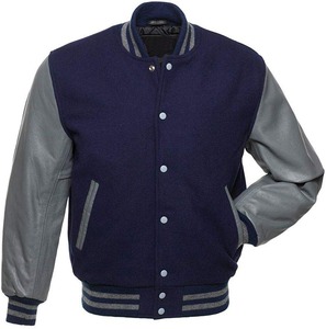 Chaqueta Varsity Azul Marino para Hombre con Mangas de Cuero Gris, Cierre de Botones, Corte Regular, Color Sólido, Estilo Preppy, Ropa de Otoño - Product Image 1