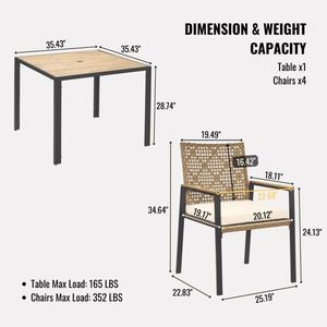 Set da Pranzo da Esterno in Legno di Acacia e Rattan a 5 Pezzi per Tutte le Stagioni, con Tavolo, Sedute Comode e Foro per Ombrellone - Product Image 3