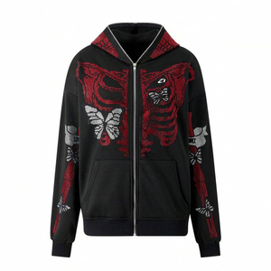 Sweat à capuche intégral zippé motif squelette avec strass en molleton de coton coupe oversize streetwear fabrication sur mesure commandes en gros - Product Image 6