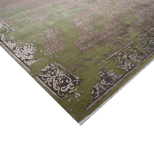 Alfombra Medallón Transicional de Lana Anudada a Mano con Acabado Desgastado, Color Salvia y Rosa Empolvado, 10' x 14', Pelo Bajo, Para Uso Doméstico - Product Image 4