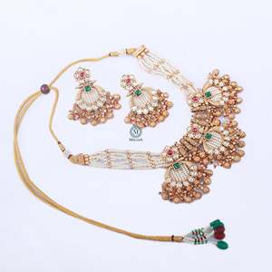 Falguni Gold Plated Antique <b>Pearl</b> Bridal Necklace <b>Set</b> with Zircon & Diamond - Product Image 5