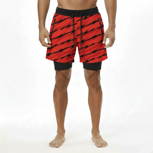 Short de bain pour homme à imprimé géométrique rouge, séchage rapide, avec cordon de serrage à la taille, longueur mi-cuisse, style sportif - Product Image 2