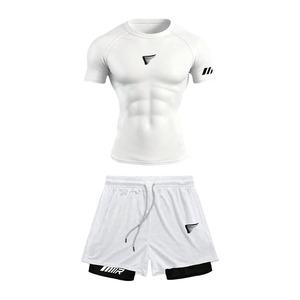 Ensemble de vêtements de sport pour homme en 2 pièces, t-shirt athlétique à manches courtes avec imprimé graphique et short à cordon de serrage, ensemble de survêtement de gym - Product Image 1
