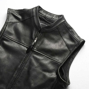 <b>Mens</b> <b>Black</b> Genuine Leather Waterproof Breathable Eco-Friendly Motorcycle <b>Vest</b> V-neck Zipper Closure Custom Biker Riding <b>Vest</b> OEM - Product Image 4