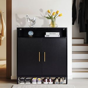 Scarpiera Nera a 6 Strati in Bambù con Luci LED e Piedini Alti 80x38x90cm, Doppia Anta, Elegante Contenitore per Soggiorno - Product Image 3