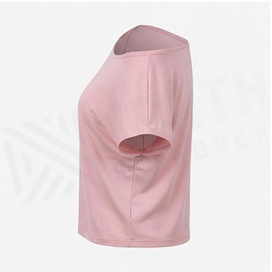 Off-The-Shoulder Crop <b>Top</b> Women's Short Sleeve Solid Pink Asymmetric Yoga <b>Top</b> Breathable Spandex Cotton Sportswear - Product Image 3