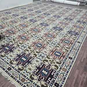 พรมขนสัตว์ถักมือ ลายเรขาคณิตชนเผ่า สีครีม น้ำเงิน น้ำตาล พรมแบบดั้งเดิม ตกแต่งบ้าน ห้องนั่งเล่น ห้องนอน - Product Image 6