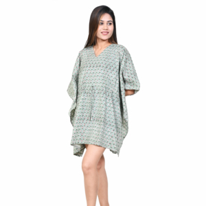 Vestido Kaftán con Estampado Floral para Mujer, Cuello en V, Largo hasta la Rodilla, Corte Holgado, 100% Algodón, Sin Mangas, Tejido, Verano, Casual, Playa, Vacaciones - Product Image 2