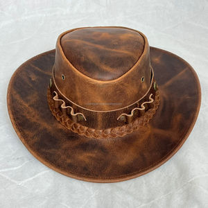 Nuevo Sombrero Vaquero Rústico de Cuero Genuino Marrón Desgastado con Banda Trenzada y Estilo Occidental para Aventuras al Aire Libre - Product Image 5