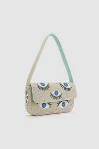 Bolso de Hombro Bordado con Cuentas de Semillas con Motivo de Ojo Turco, Correa Beige y Verde Claro, Diseño de Bolso de Mano con Cuentas - Proveedor de Fábrica - Product Image 1