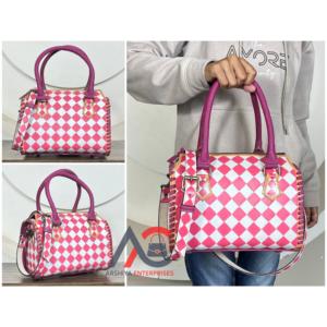 New Arrival Pink & White Checkered <b>Hand</b> <b>Tooled</b> Leather Speedy Bags Genuine Leather Crossbody Travel Small Duffel Bag for Women's - Product Image 1