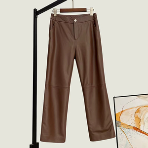 2026 Spring New Genuine Leather Pants Women Sheepskin High Waist Straight Pants Slim <b>fitting</b> Casual <b>Black</b> Leather Ankle Pants - Product Image 4