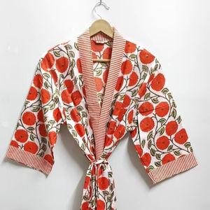 Bata Kimono 100% Algodón – Bata Kimono Larga Hecha a Mano con Estampado de Bloques para Mujer – Bata Ligera para Descansar con Cinturón - Product Image 6