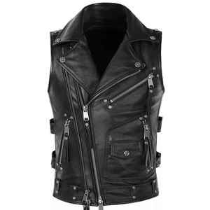 Gilet en cuir véritable 100% pour homme, style motard, vêtement décontracté, tissu tricoté, taille plus, idéal pour l'hiver - Gilet en cuir pour homme à prix bas - Product Image 6