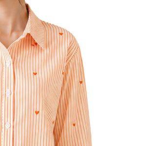Camisa de mujer a rayas naranja y blanca con botones, blusa de algodón de manga larga con bordado de corazón, corte holgado, estilo casual, top oversize. - Product Image 4