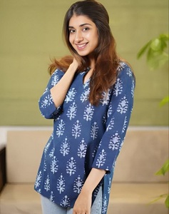 <b>Indian</b> Casual Wear Blue Cotton Kurta With White Floral Print Loose Fit Midi Casual Wear Short <b>Top</b> Kurti Style Digital Printing - Product Image 1