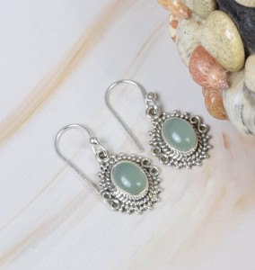 Pendientes de Calcedonia Aqua Natural al por Mayor, Plata de Ley 925, Hechos a Mano, Pendientes Colgantes Ovalados de Calcedonia Aqua - Product Image 2