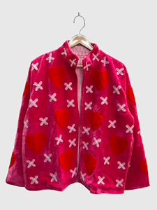 Pink Velvet Heart X Print <b>Zipper</b> <b>Jacket</b> Full Sleeve Stand Collar Plus Size Women's Winter Boxy Style Fleece Coat - Product Image 1