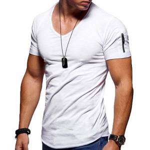 Camiseta blanca de manga corta con cuello en V para hombre, corte ajustado, con detalle de cremallera en la manga, estilo casual, 100% algodón jersey, transpirable. - Product Image 3