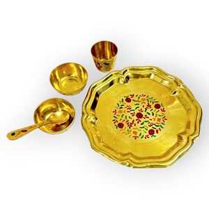 meenakari decorative thali indian brass utensils compact five inch size thali katori spoon glass traditional metal <b>dinnerware</b> - Product Image 3