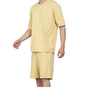 Men's Solid Color Knitted Short Sleeve <b>T</b>-<b>Shirt</b> and Shorts Set Yellow Casual Summer Wear - Product Image 4