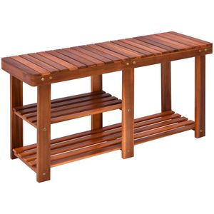 Panca Portascarpe a 3 Ripiani in Legno di Acacia con Finitura Teak per Organizzazione di Scarpe e Stivali nel Corridoio - Product Image 1