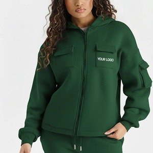 Sweat-shirt à capuche zippé vert pour femme avec poches, logo brodé, décontracté, manches longues, en coton tricoté, pour l'automne - Product Image 1